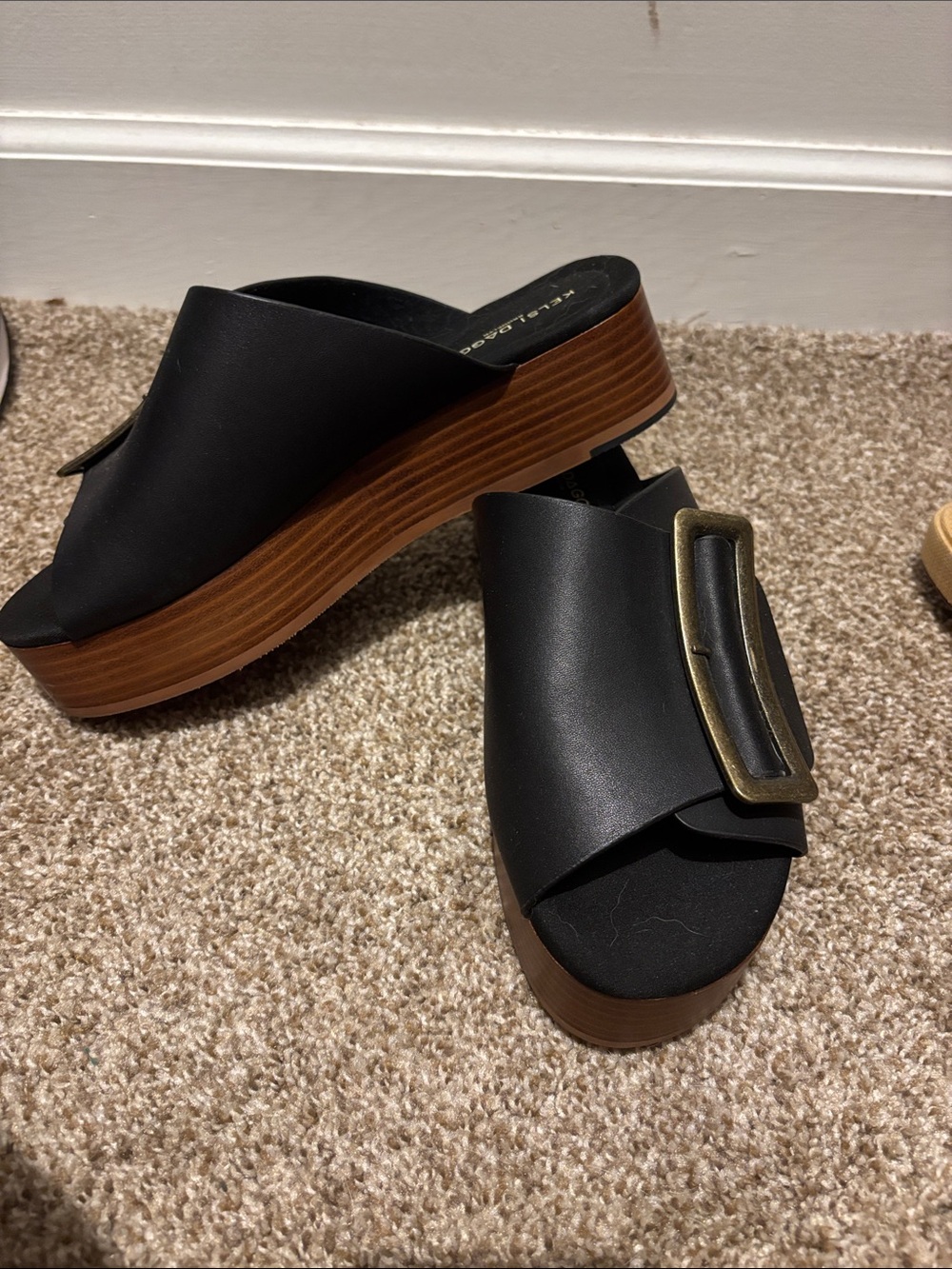 Kelsi Dagger Black Leather Platform Mule with Brass Buckle